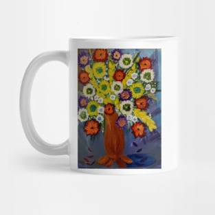 abstract flowers painted in acrylic paint and neon paint . In a gold vase with legs Mug